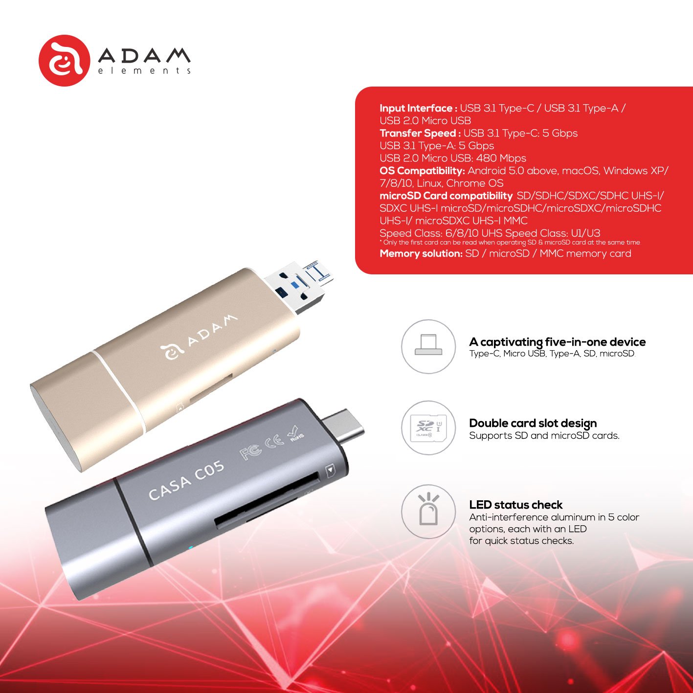 Adam Elements CASA C05 - Data Converter - USB 3.1 USB Type C 5-IN-1 OTG - Card Reader - SFI Group - 4