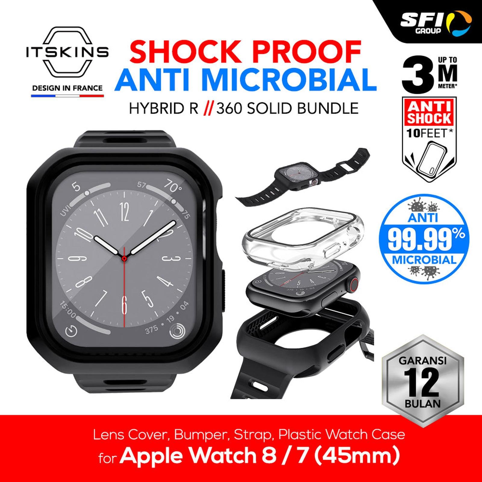 ITSKINS CASE FOR APPLE WATCH 8/7 (45MM) HYBRID R 360 SOLID BUNDLE (LENS COVER, BUMPER, STRAP) - BLACK (4894465830243)