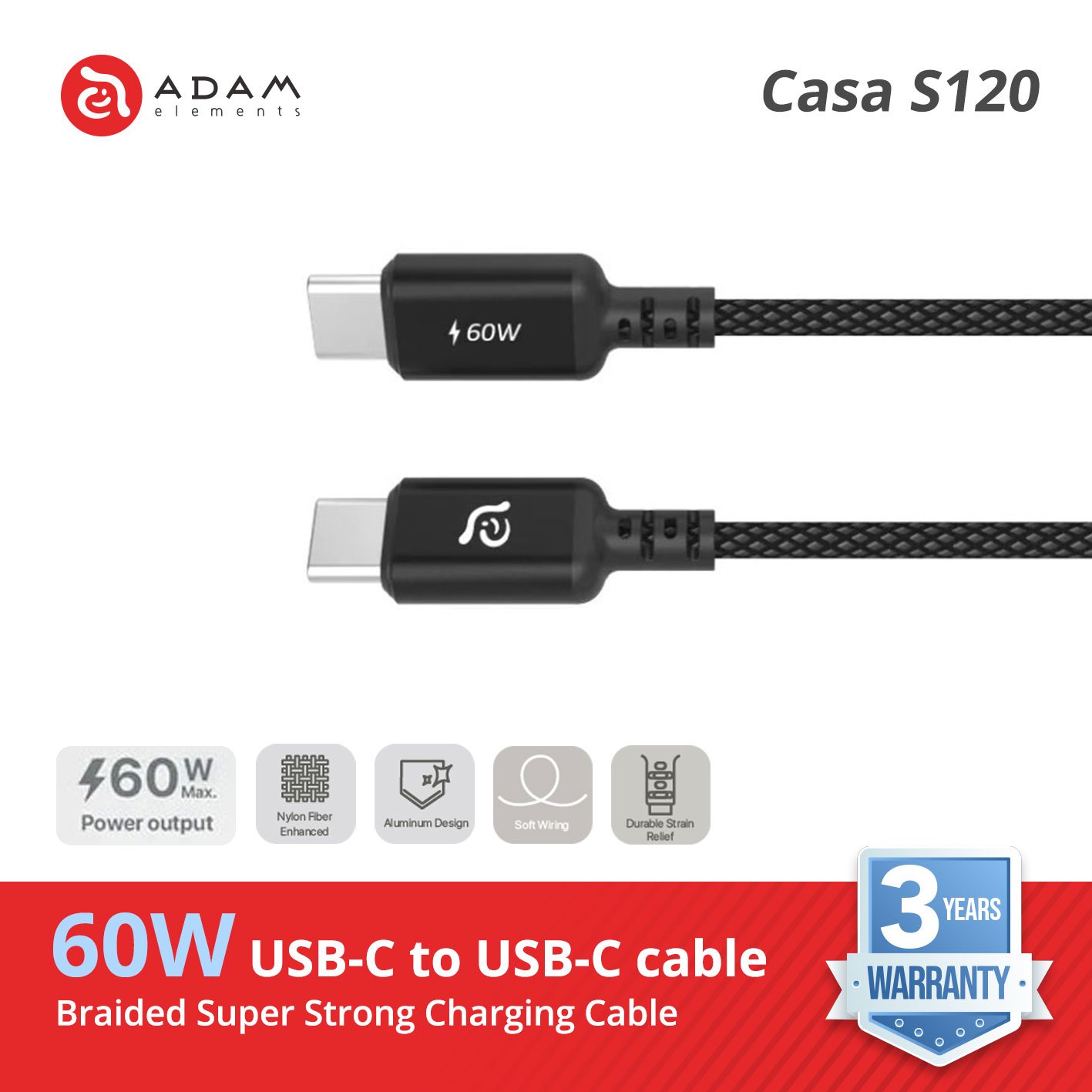 Adam Elements Cable Charger CASA S120 Type C To C 60W - Kabel Charging - Braided - SFI Group