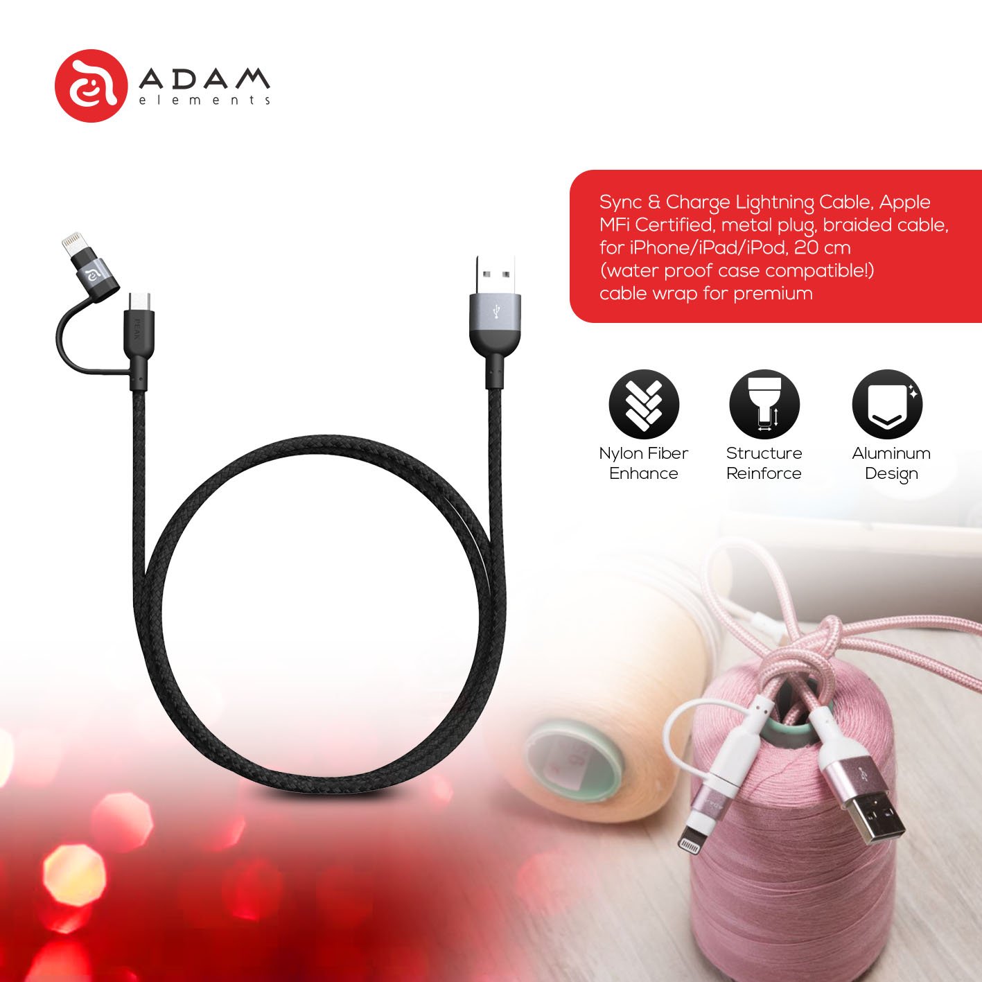 Adam Elements Peak Duo Cable 2 in 1 Lightning Micro USB 120cm MFi - SFI Group - 2