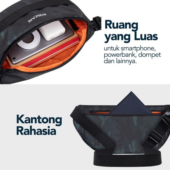 RIVACASE Tas Pinggang Waist Bag Water Resistant | Sherwood (7614) - Camo Navy | Mini Sling Bag | Mini Bag Pria | Tas Kecil | Tas Kecil Pria - 3