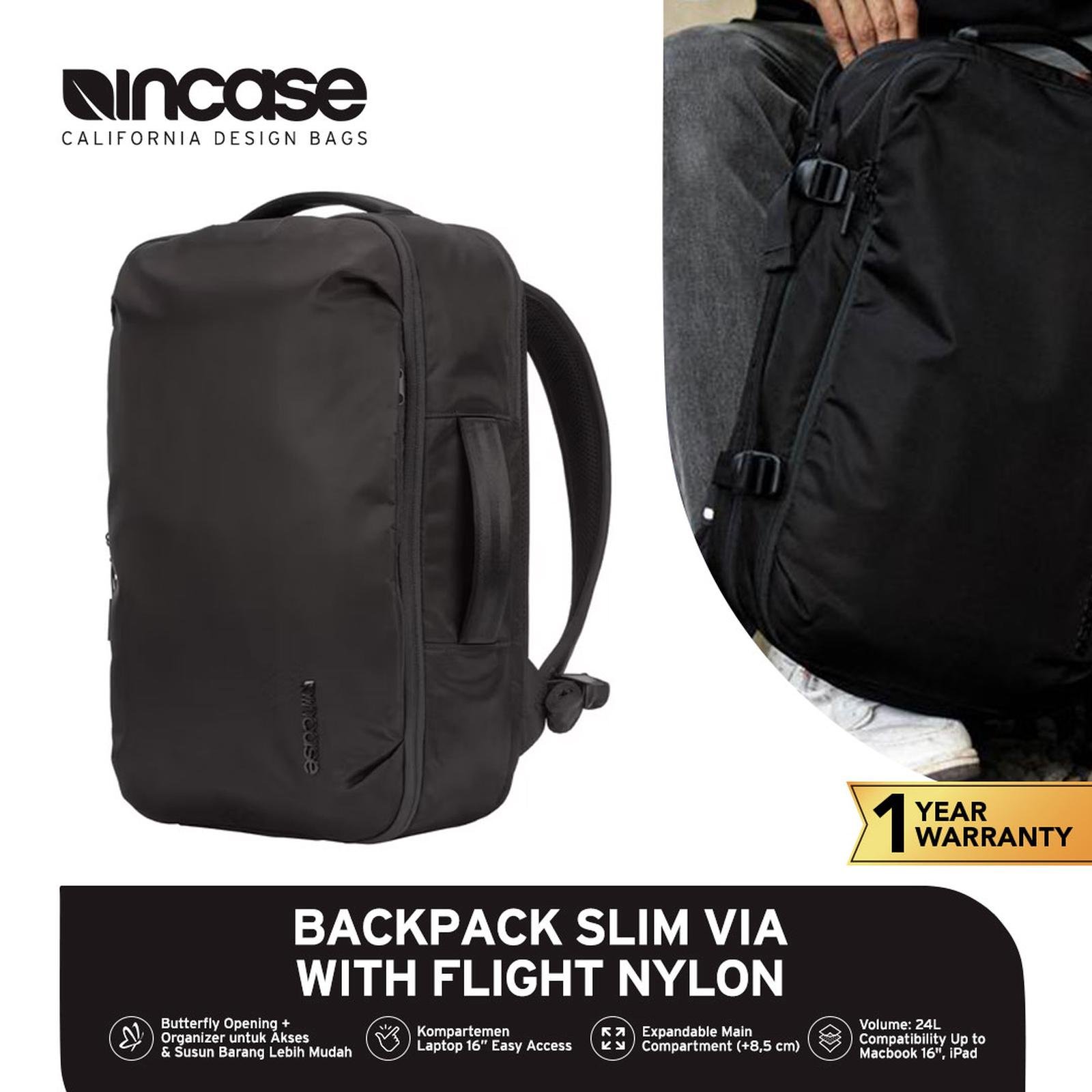INCASE Tas Ransel Backpack Slim VIA Flight Nylon 16 Inch (Up to MacBook Pro 16" M3) INTR100531-BLK - Expandable Travel Bag Original