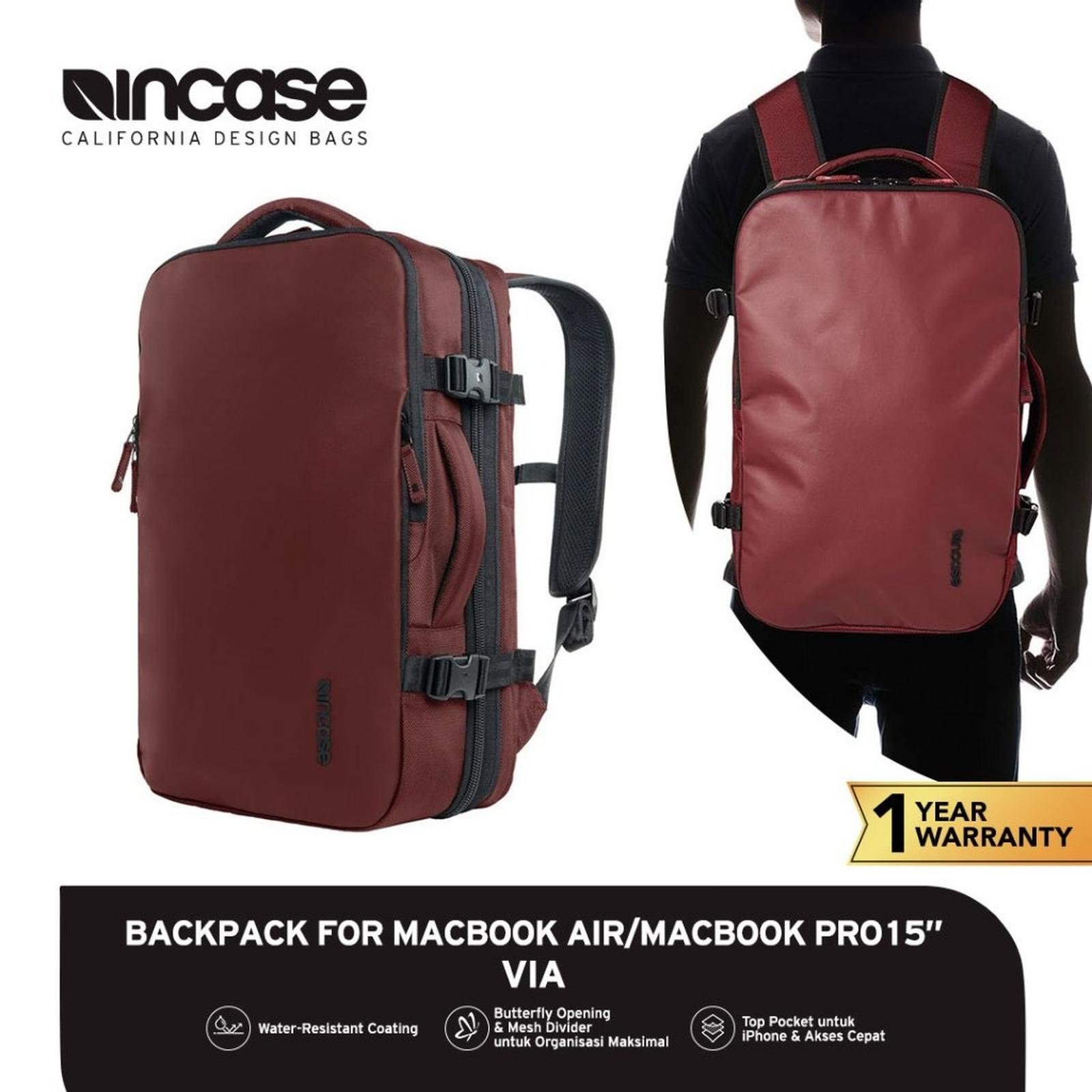INCASE Tas Ransel Backpack VIA Travel Ballistic Nylon 15.6 Inch (Up to MacBook Pro 16" M3) INTR30058-DRD - Expandable Travel Bag Original - DEEP RED