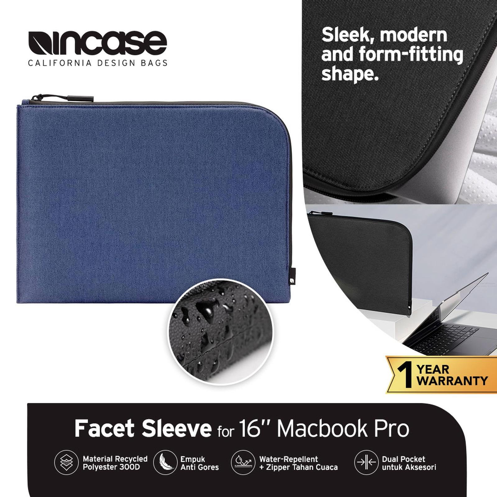 Incase Sleeve Macbook Pro 16 Inch - Facet With Recycled Twill Repelland Recycle - Blue (INMB100730-NVY) Sleeve Macbook Pro | Tas Macbook Pro 16 Inch | Sleeve MacBook | Laptop sleeve case | Macbook sleeve | Pelindung Laptop | Laptop Bag