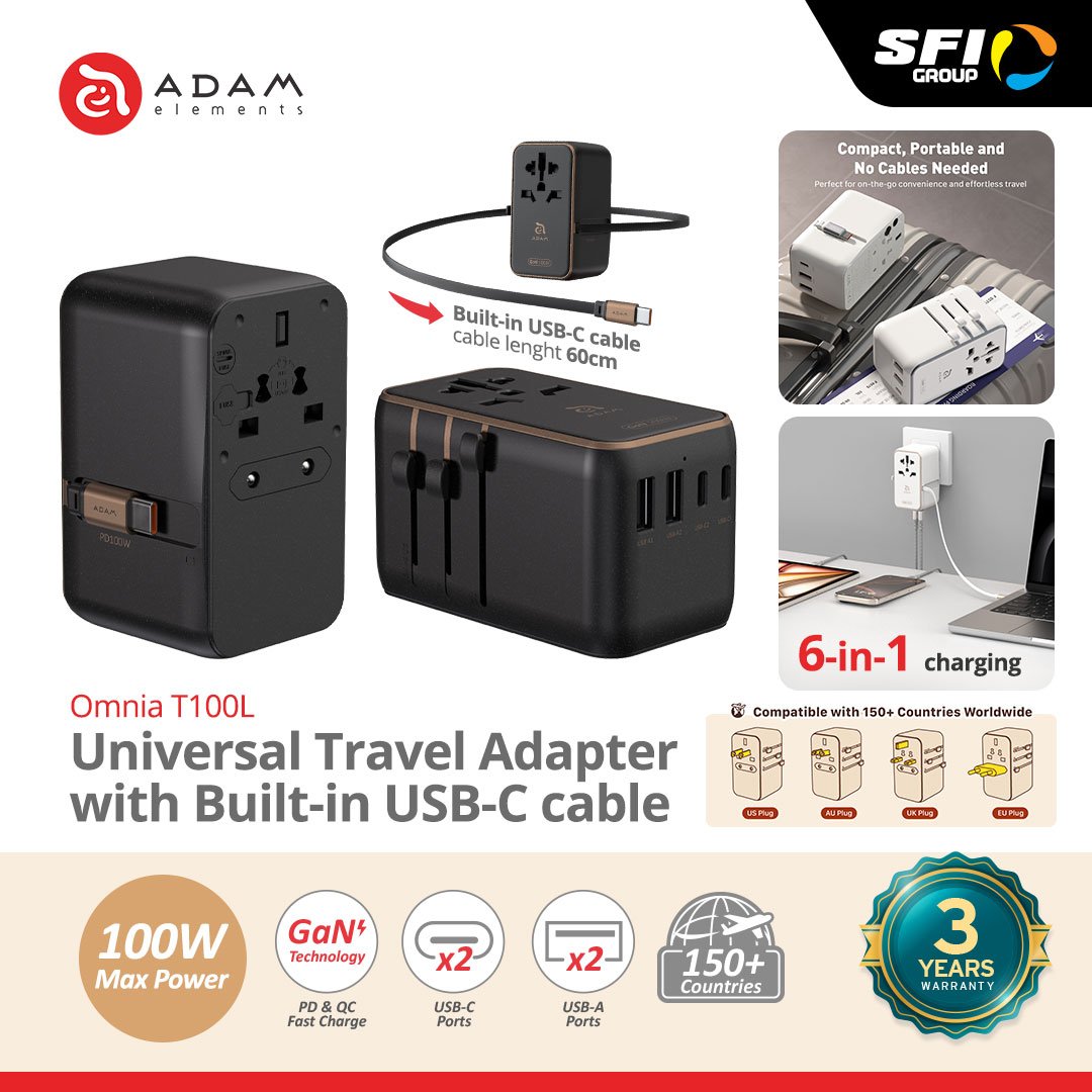 Adam Elements - Omnia T100L Travel Adapter With Built In USB C Cable - 100W - 2X USB C - 2X USB A - Black - SFI Group