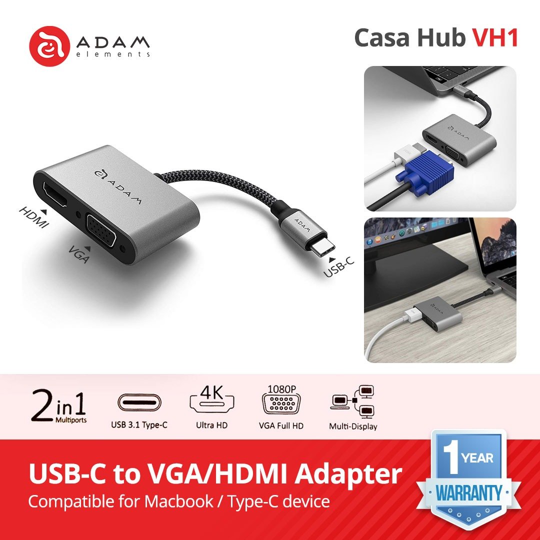 Adam Elements CASA VH1 - Data Converter - Type C (USB-C) To VGA / HDMI - Grey - SFI Group