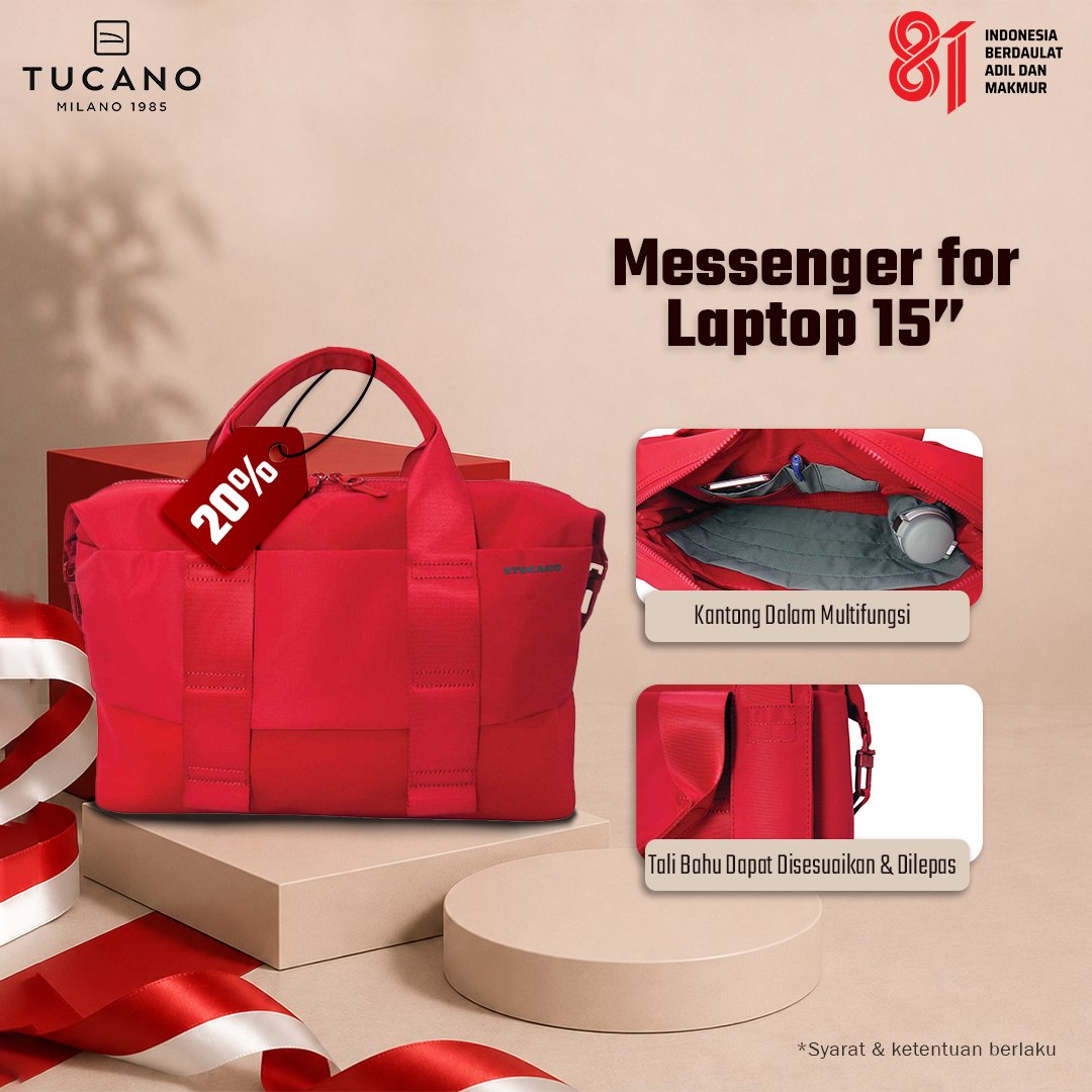 TUCANO Tas Selempang Shoulder Bag 15 Inch (Up to MacBook Pro 16) Modo BMDOB-R - Bonus Sarung Hujan Rain Cover Red Original