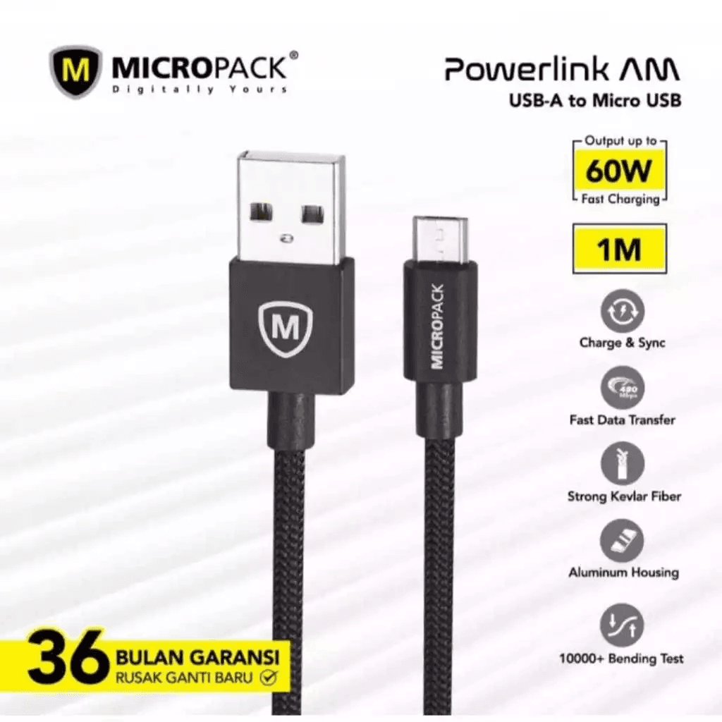 Micropack Cable USB A to Micro USB 1M up to 3A Black - MC-310 - SFI Group - Black
