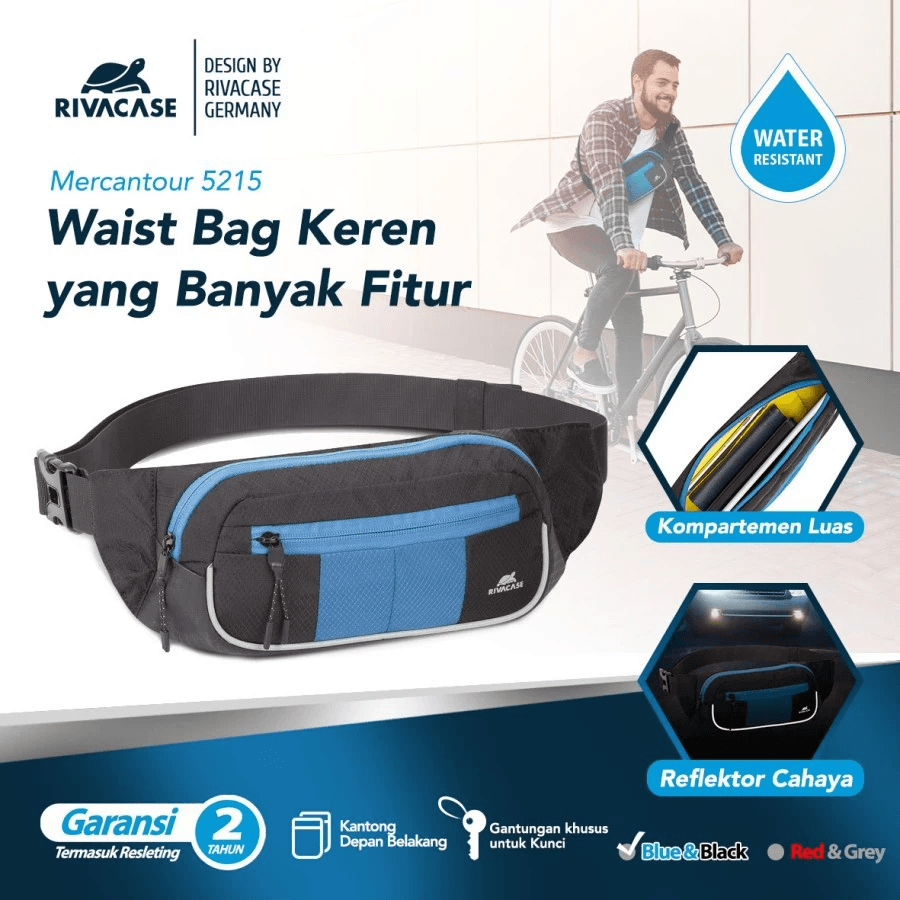 RIVACASE Mercantour - Water Resist Waist Bag For Sports (5215) - Hitam - SFI Group - Blue & Black