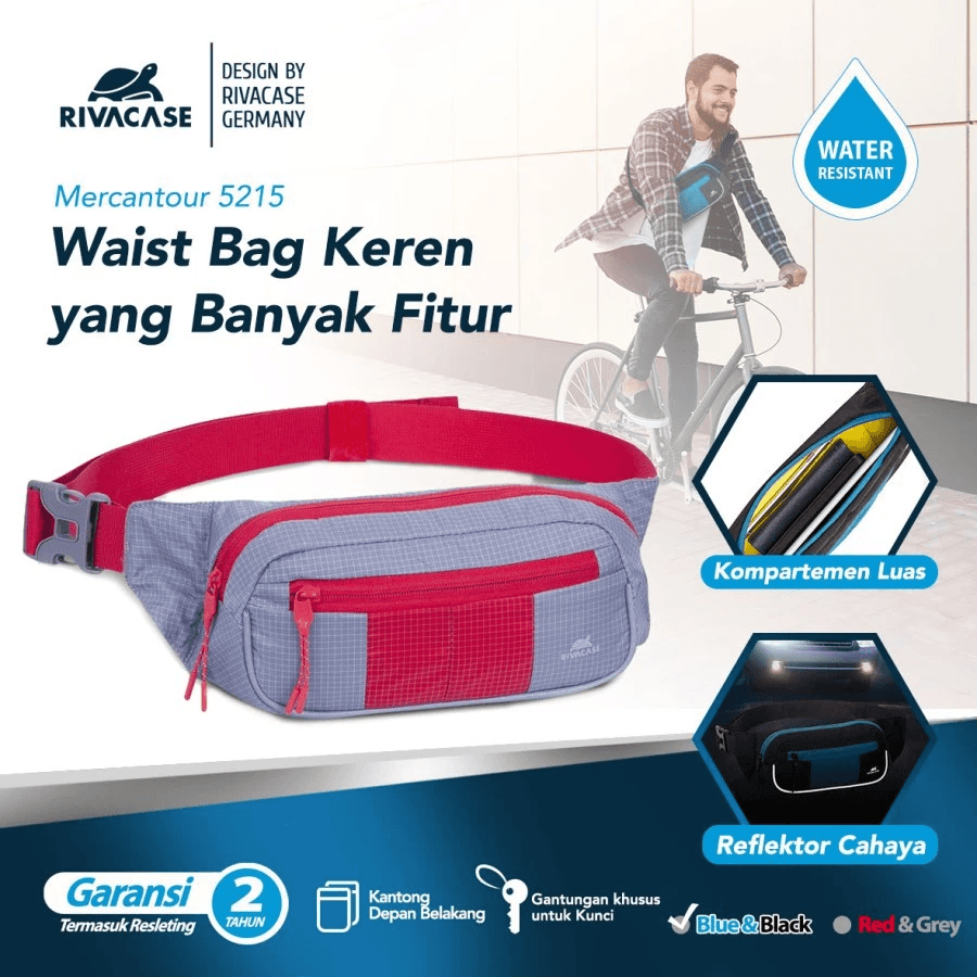 RIVACASE Mercantour - Water Resist Waist Bag For Sports (5215) - Hitam - SFI Group - Red & grey