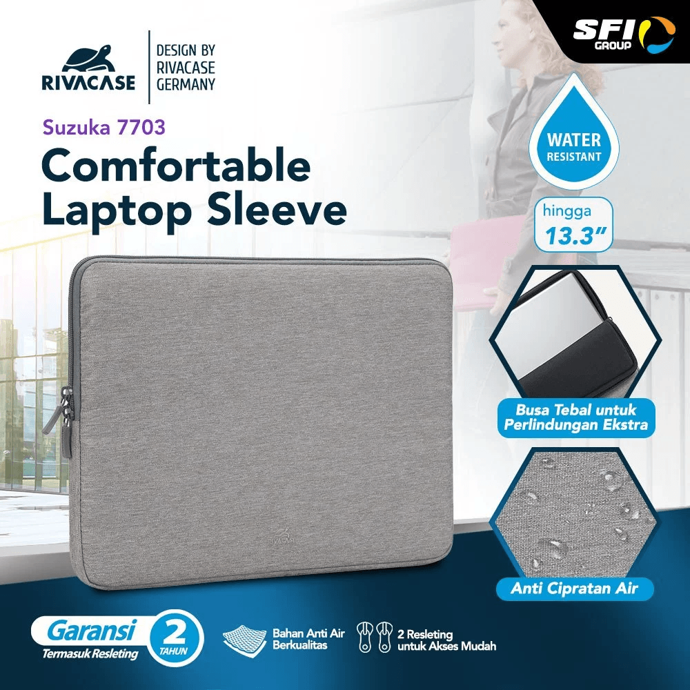 RIVACASE Suzuka Series - 13.3" Water Resist Laptop Sleeve (7703) - SFI Group - Grey