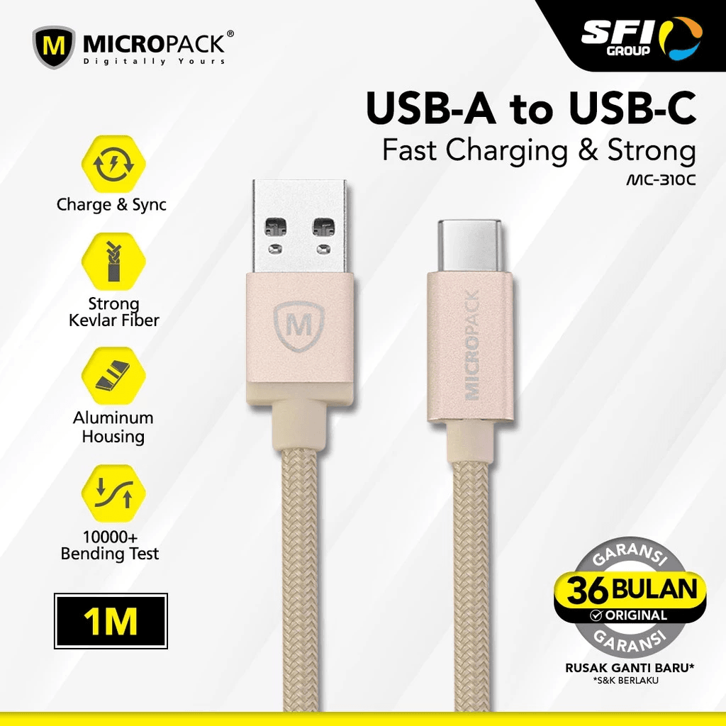 Micropack Charging Cable USB A to C - Fast Charging - Strong Kevlar Fiber - Thunder 5G - 1 Meter - MC-310C - SFI Group - Gold