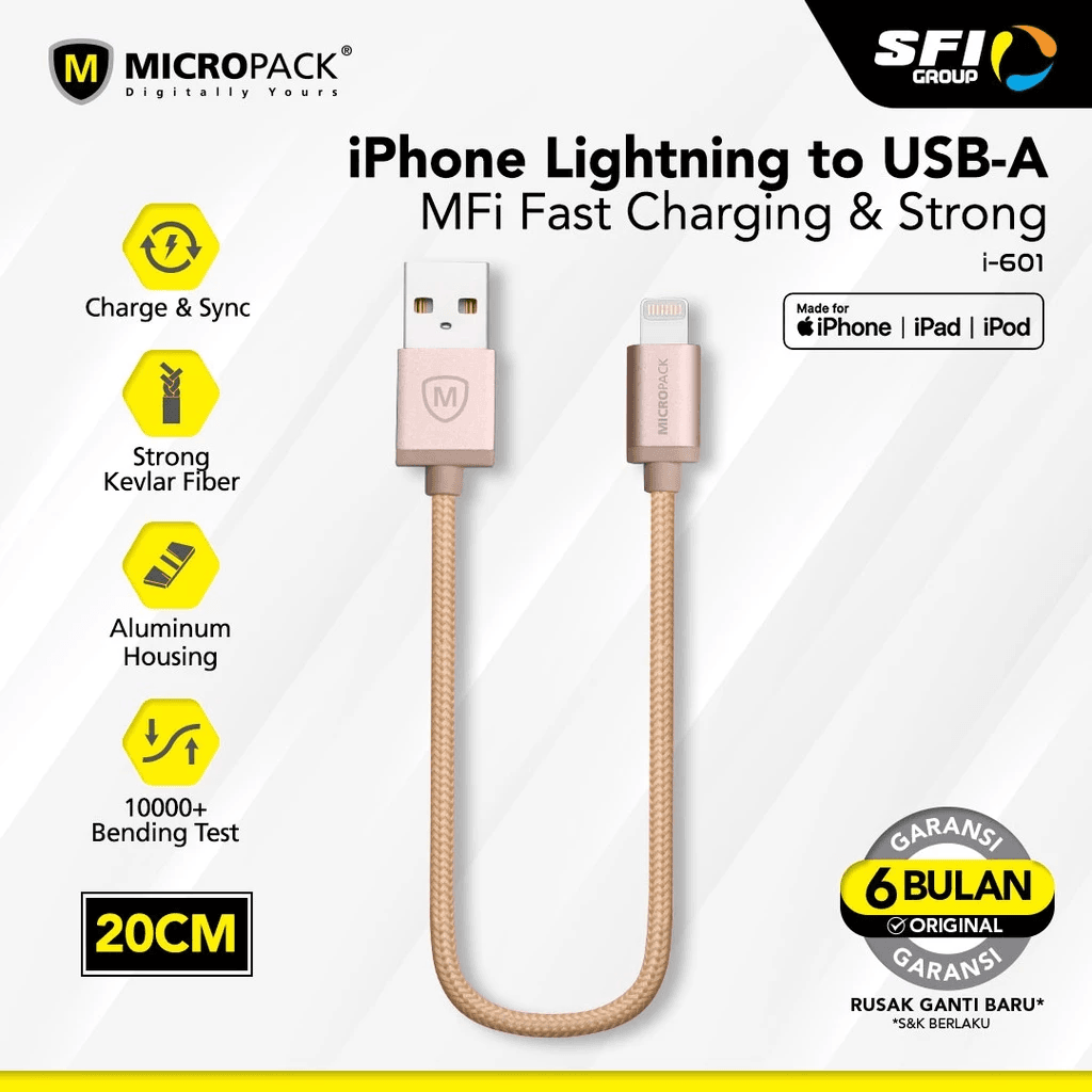 Micropack Cable USB A to Lightning (MFI) 20cm Kabel Charger fast Charging - I-601 - SFI Group - Gold