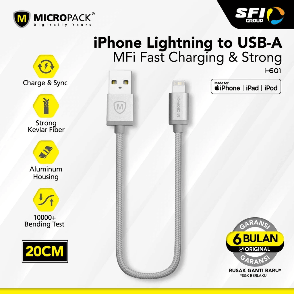 Micropack Cable USB A to Lightning (MFI) 20cm Kabel Charger fast Charging - I-601 - SFI Group - Grey