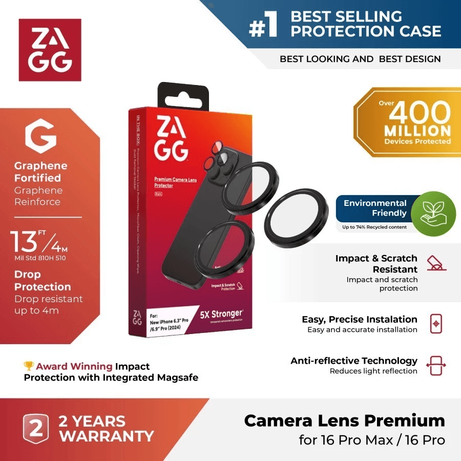 ZAGG CAMERA LENS PROTECTOR FOR IPHONE 16 PRO / 16 PRO MAX - PELINDUNG LENSA - Premium Black