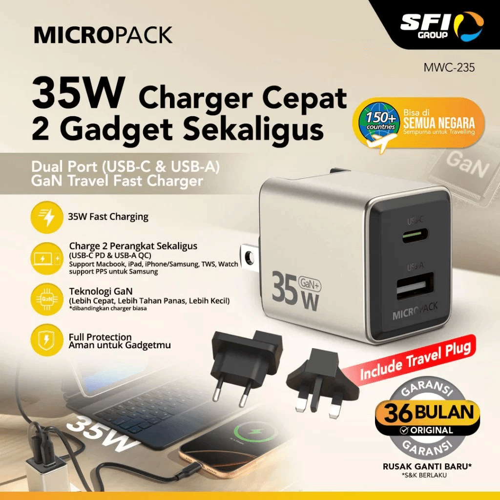 MICROPACK WALL CHARGER WITH TRAVEL ADAPTER - POWER SERVER 35 W - 70 W GaN USB C + USB A - SFI Group - 35 Watt