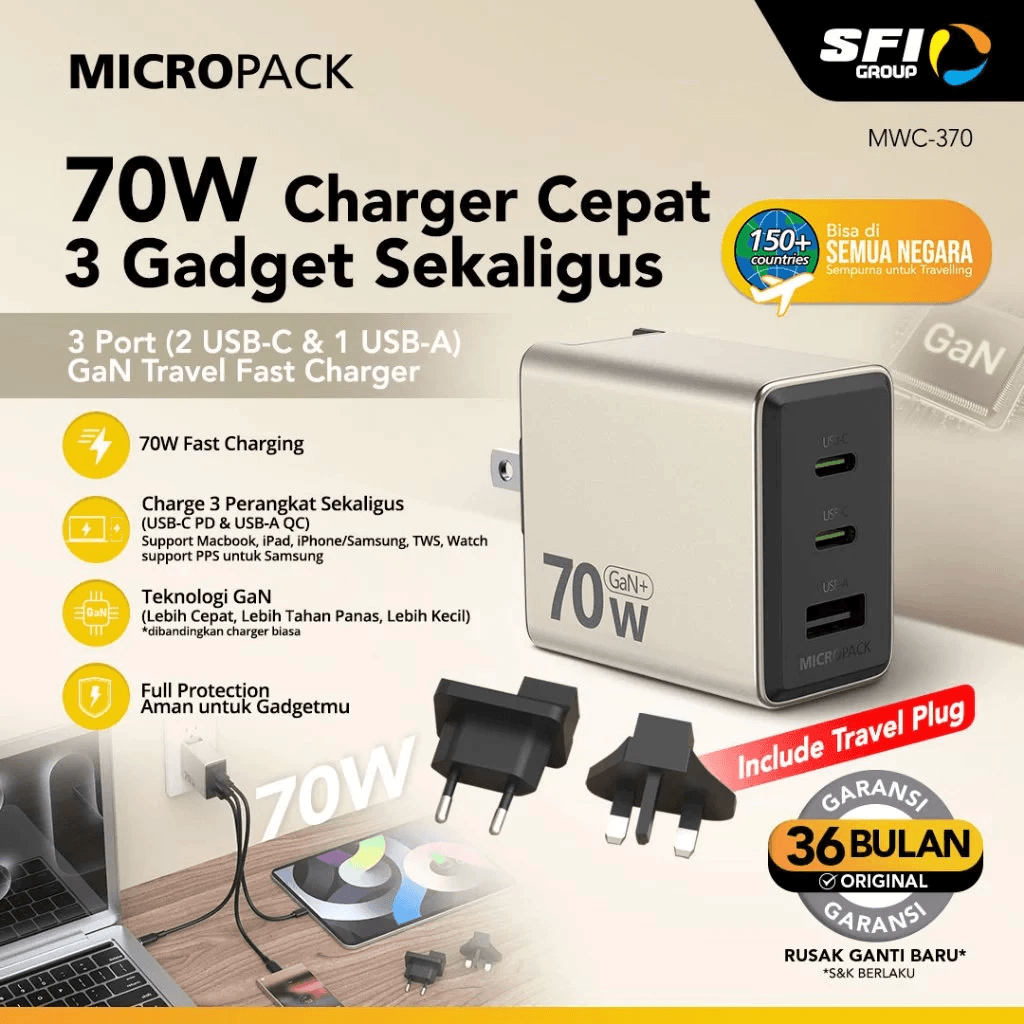 MICROPACK WALL CHARGER WITH TRAVEL ADAPTER - POWER SERVER 35 W - 70 W GaN USB C + USB A - SFI Group - 70 Watt
