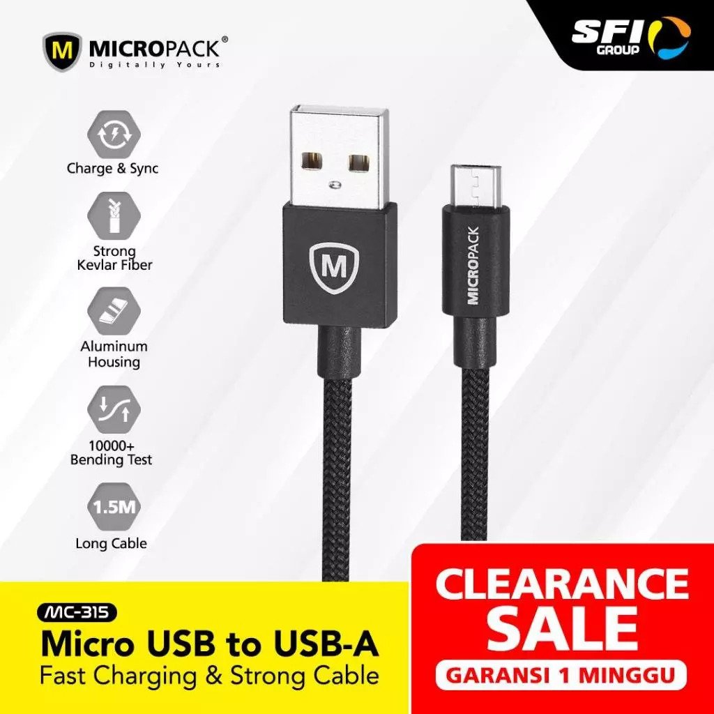 Micropack USB A to Micro USB Cable 1.5 M Fast Charging 3A (MC-315) - Black