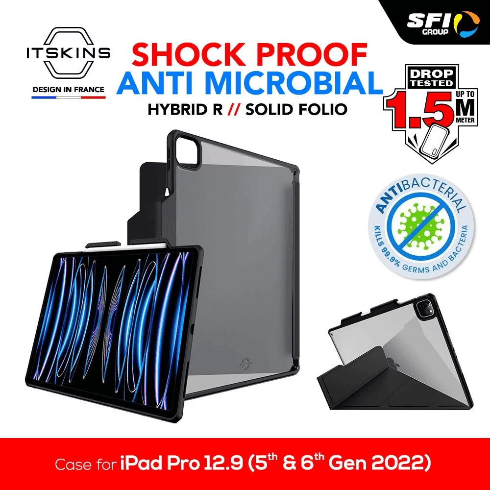ITSKINS Case iPad Pro 12.9" (3rd, 4th, 5th, 6th Gen) - Hybrid Solid Folio - Casing Hardcase Black - SFI Group - 5th & 6th Gen 2022