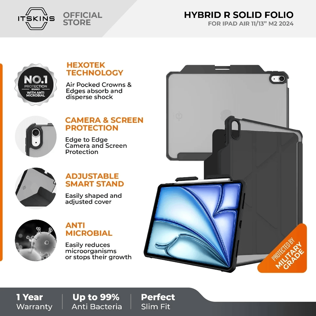 ITSKINS Case iPad Air 11 6ST GEN / 13 inch M2 1ST GEN 2024 - Hybrid R - Solid Folio Casing Black - SFI Group - 13 Inch
