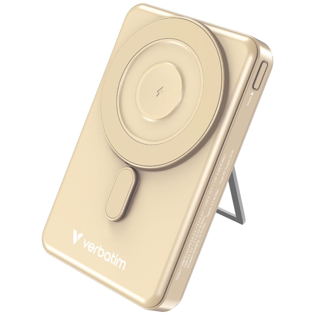 Verbatim Charge N Go – Power Bank Powerbank Wireless Magnetic 10.000 mAh – 5 In 1 – With Watch Charger & Stand – 2x USB C 20W – 1x USB C 12W – 1x Wireless Charging 15W – 1x Watch 2.5W – Black - SFI Group - Gold