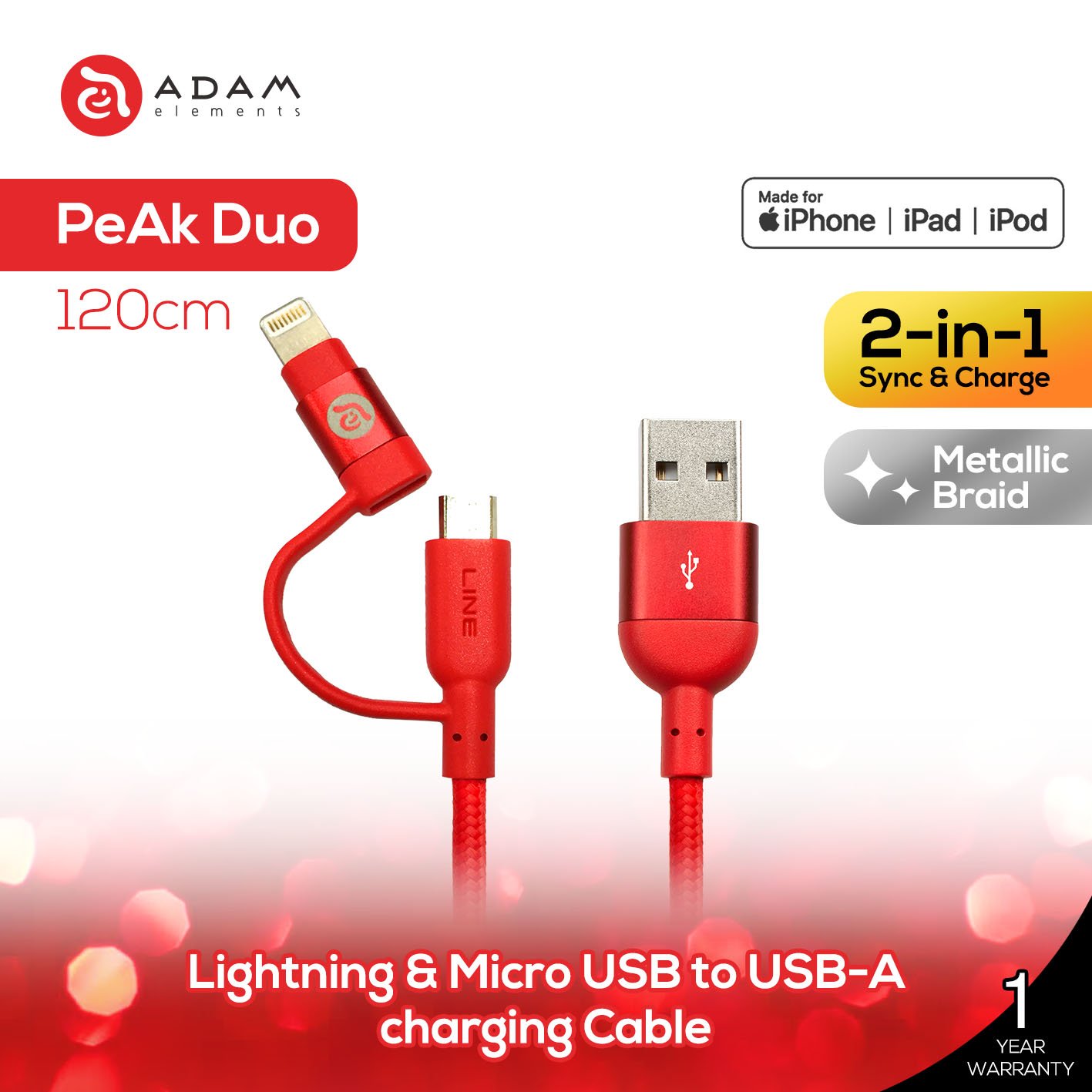 Adam Elements Peak Duo Cable 2 in 1 Lightning Micro USB 120cm MFi - SFI Group - Red