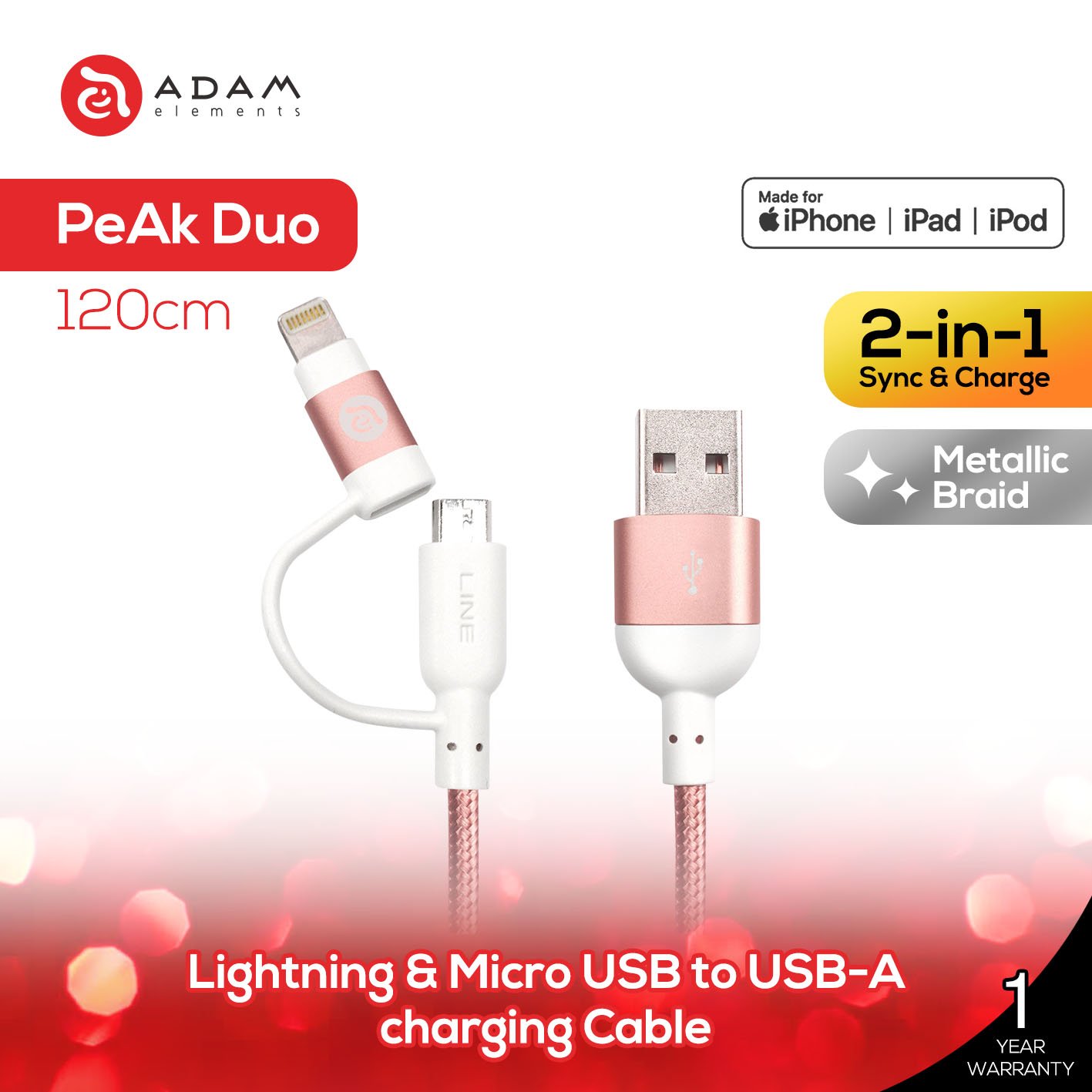 Adam Elements Peak Duo Cable 2 in 1 Lightning Micro USB 120cm MFi - SFI Group - Rose Gold