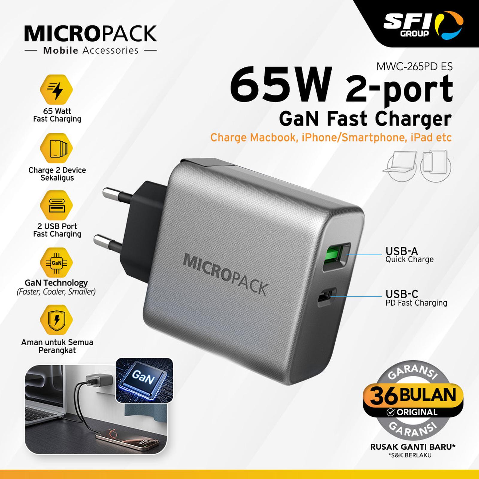 MICROPACK- WALL CHARGER DUAL PORTS POWER SERVER 65WATT (MWC-265PD-ES-EU)