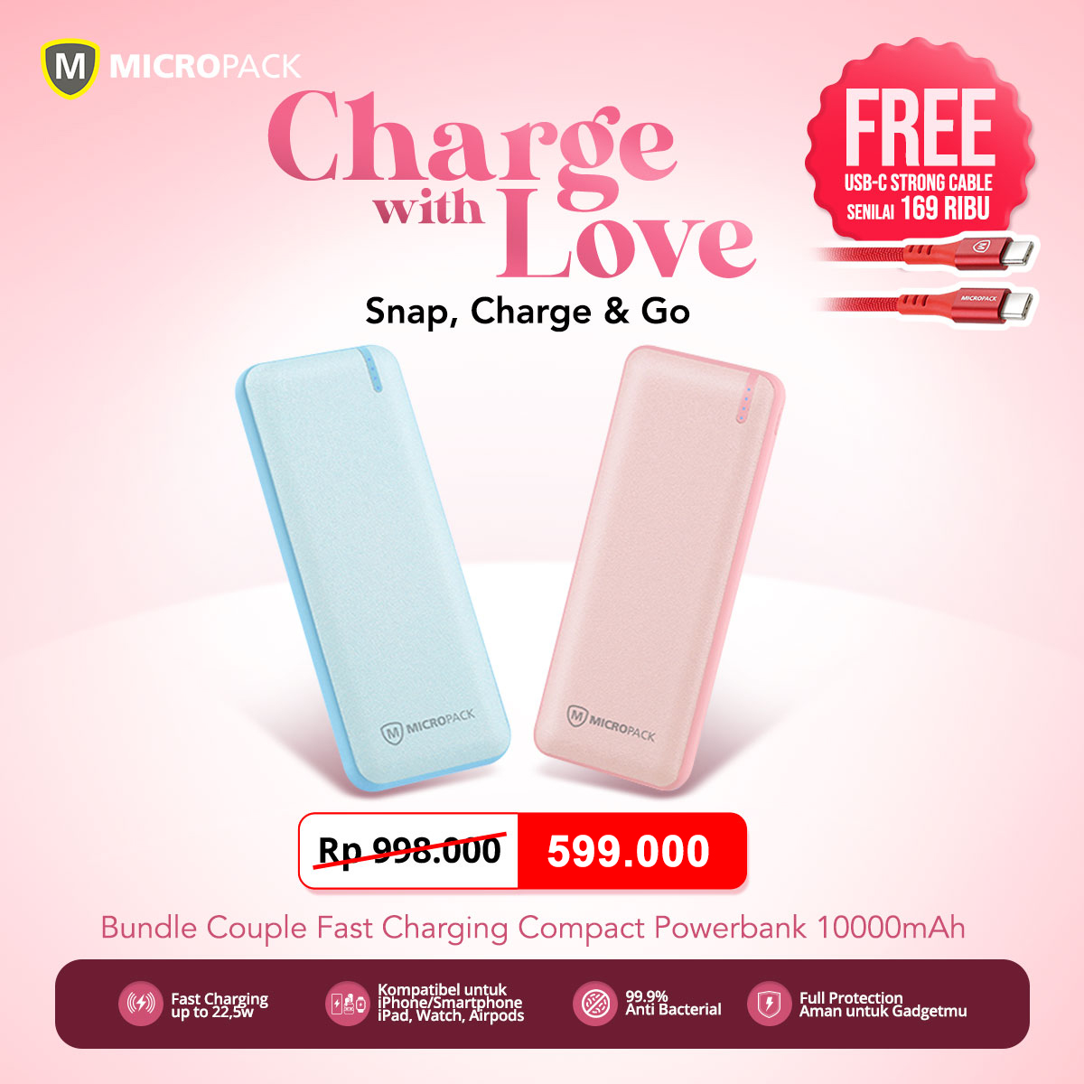Micropack Couple/Bundling/Gift Powerbank 10.000 mAh (1 set isi 2 pcs Powerbank) – Valentine Promo – Limited Edition – Fast Charging 22,5W – Power Bank 10000 mAh