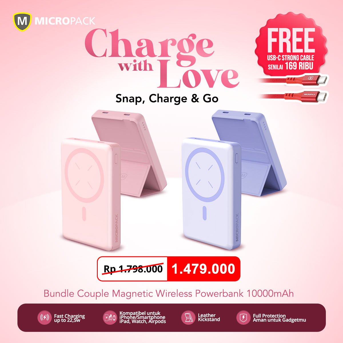 Micropack Couple/Bundling/Gift Wireless Powerbank 10.000mAh (1 set isi 2 pcs Powerbank) – Valentine Promo – Limited Edition – Fast Charging 22,5 watt – Magnetic – 3-in-1 – With Stand – Power Bank 10000 – WPB-10-PL & WPB-10-PK